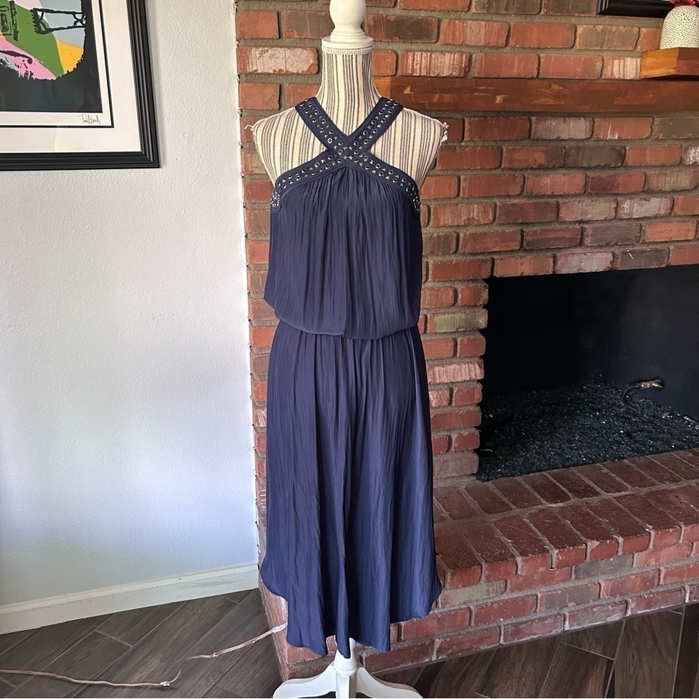 Ramy Brook Autumn Studded Halter Neck Midi Dress in Navy Blue Sz M - Picture 7 of 10